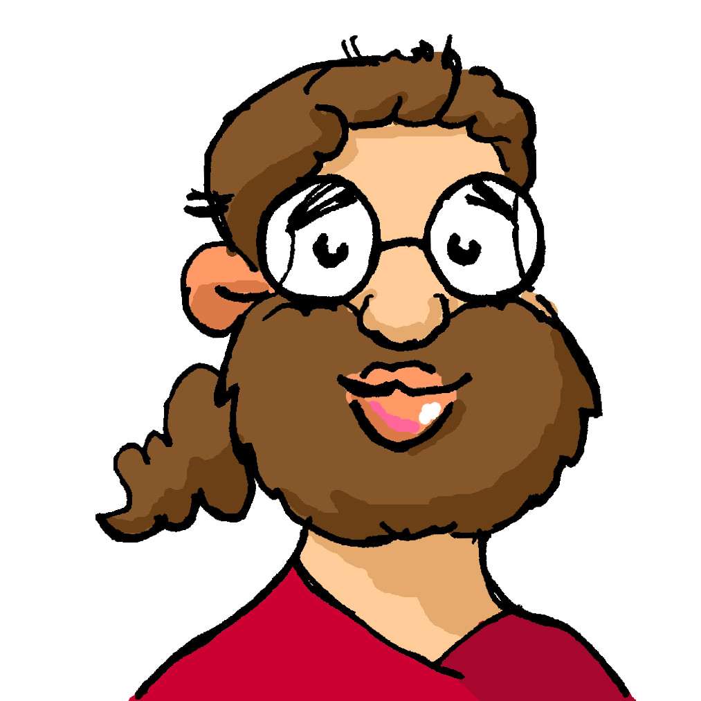 Waldemar Weber mit runder Lennon-Brille, langem braunem zu einem Zopf gebundenen Haar und einem roten Pullover